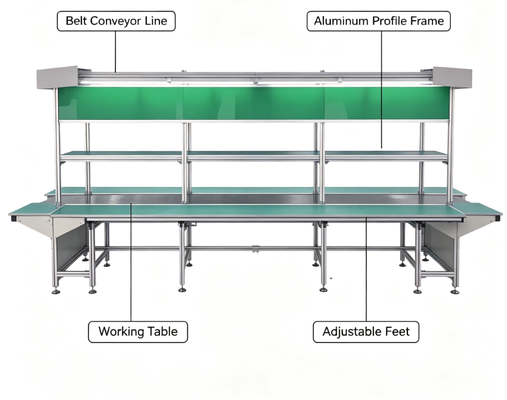 Niestandardowa antystatyczna linia przenośników taśmowych, przenośnik montażowy z profilu aluminiowego do montażu i testowania produktów elektronicznych